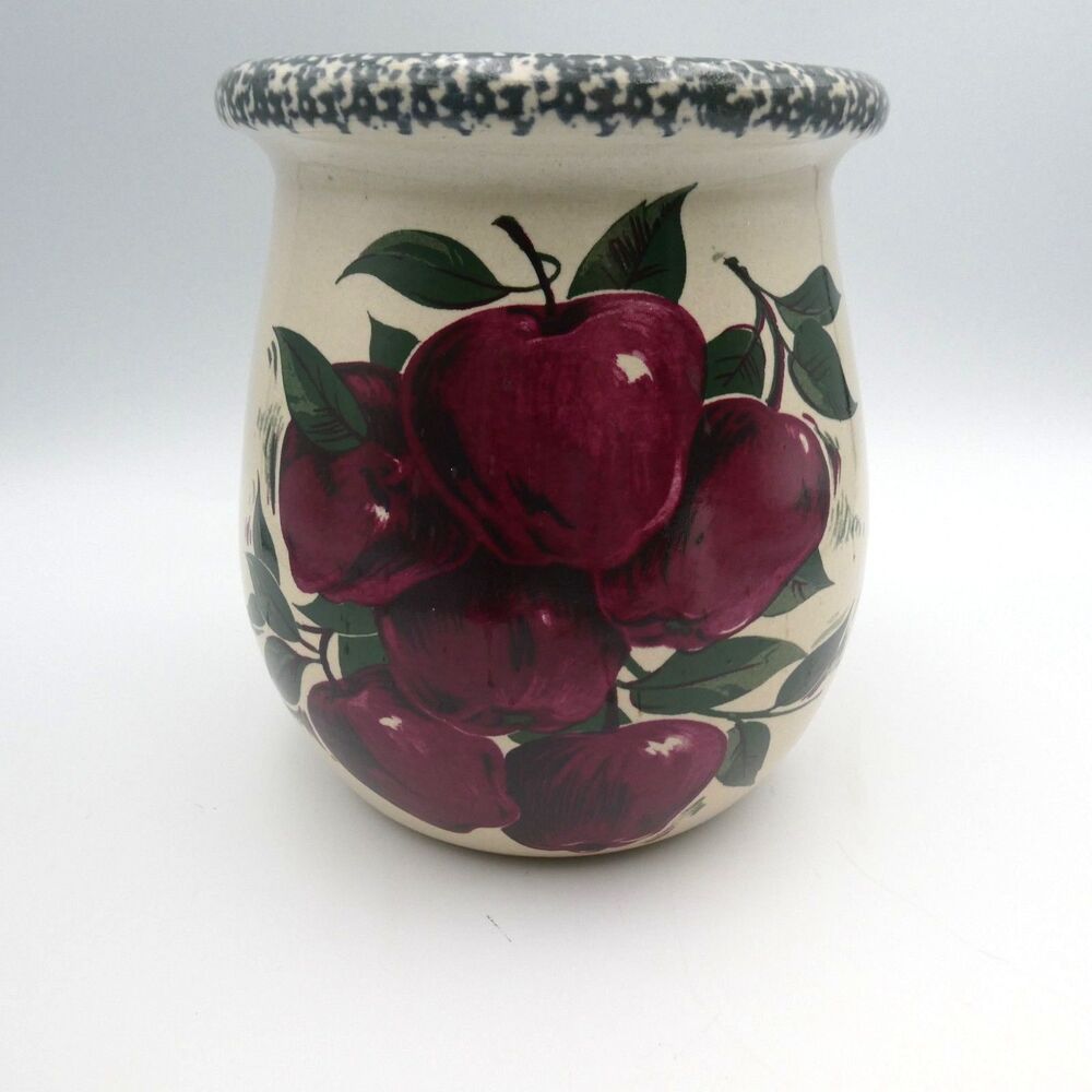 Vintage 1998 Home & Garden Stoneware Utensil Crock Apple Design Spongeware Rim